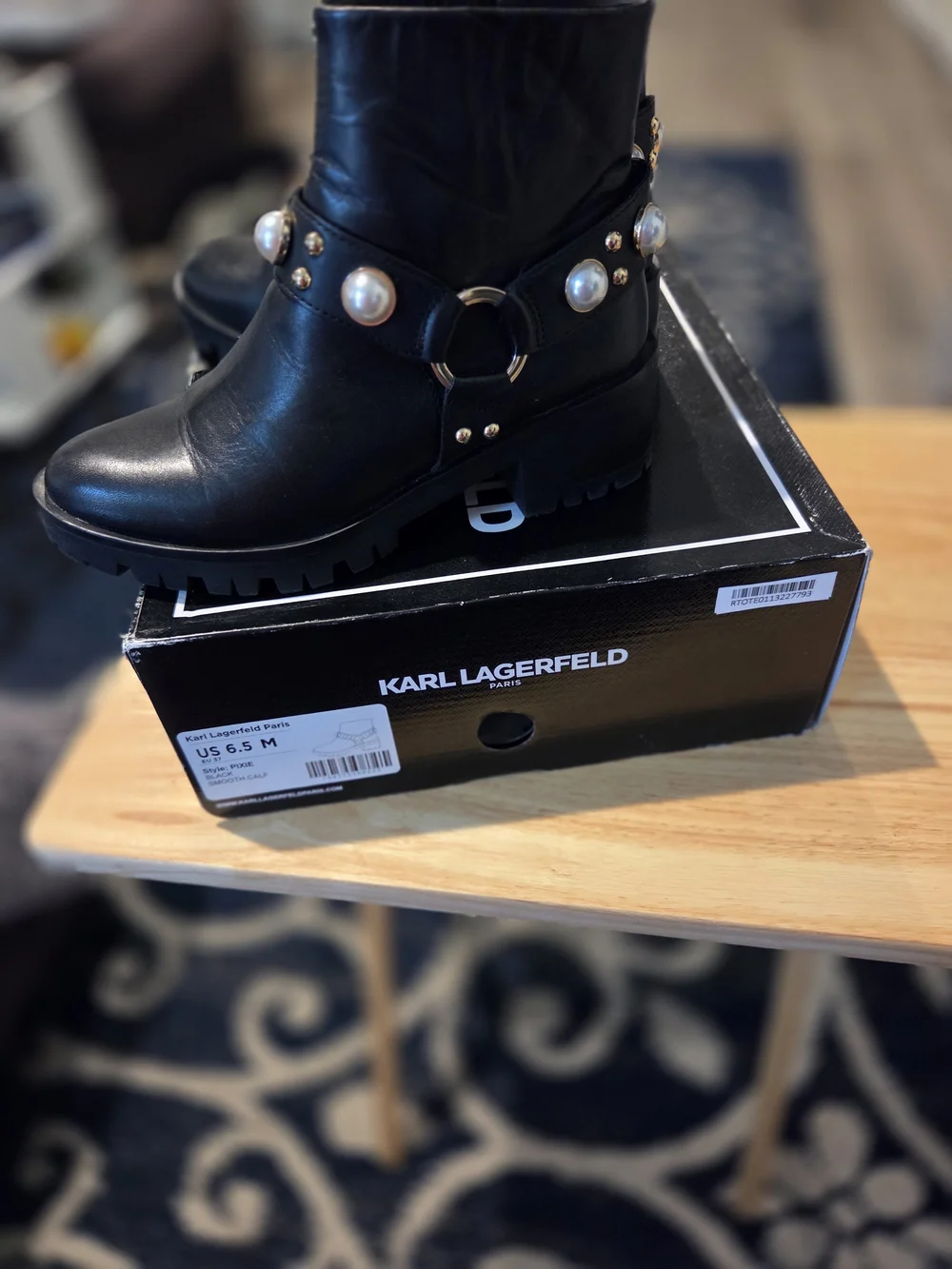 Karl Lagerfeld Black Leather Ankle Boots with Pearl & Stud Trim